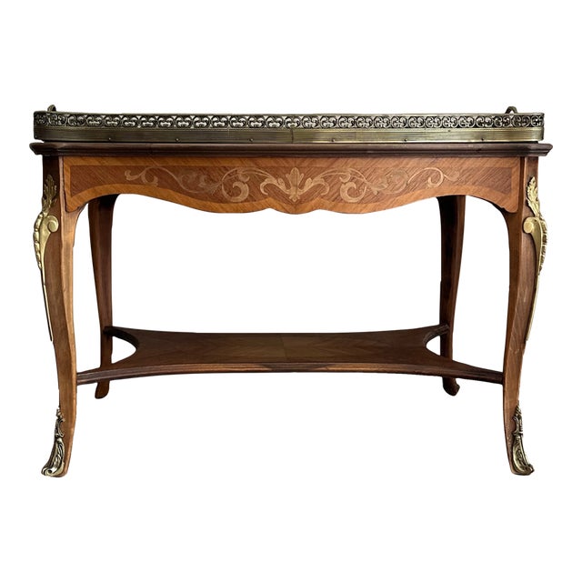 Early 20th Century Inlaid Serving Table With Removable Glass Tray and Brass Gallery For Sale