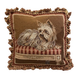Needlepoint of a Yorkshire Terrier Tasseled Accent Pillow For Sale
