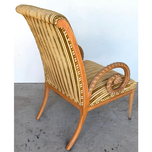 Wood Pair French Modern Carved Feather Scroll Arm Lounge Chairs, Style Maison Jansen For Sale - Image 7 of 18