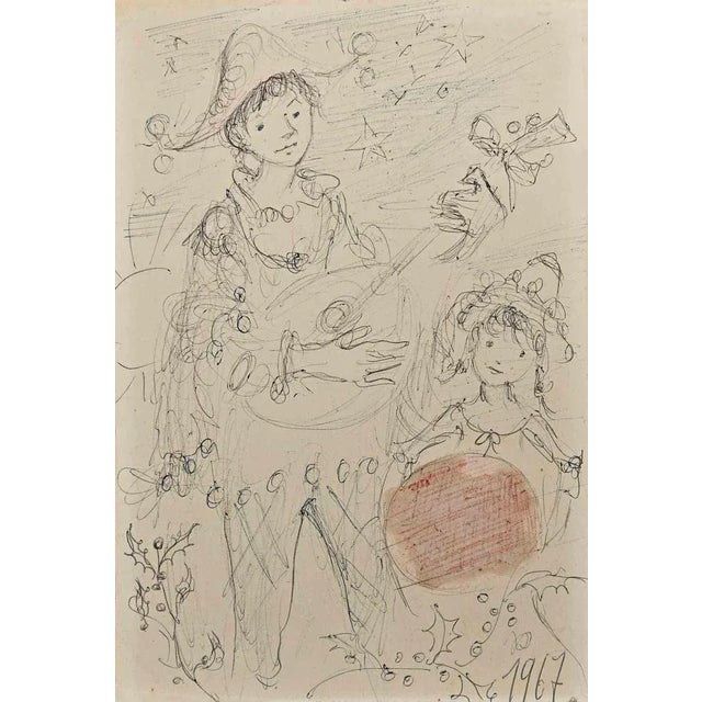 Modern Robert Fontene, Playing Boy, Dancing Girl, Original Mixed Media Drawing, 1967 For Sale - Image 3 of 3