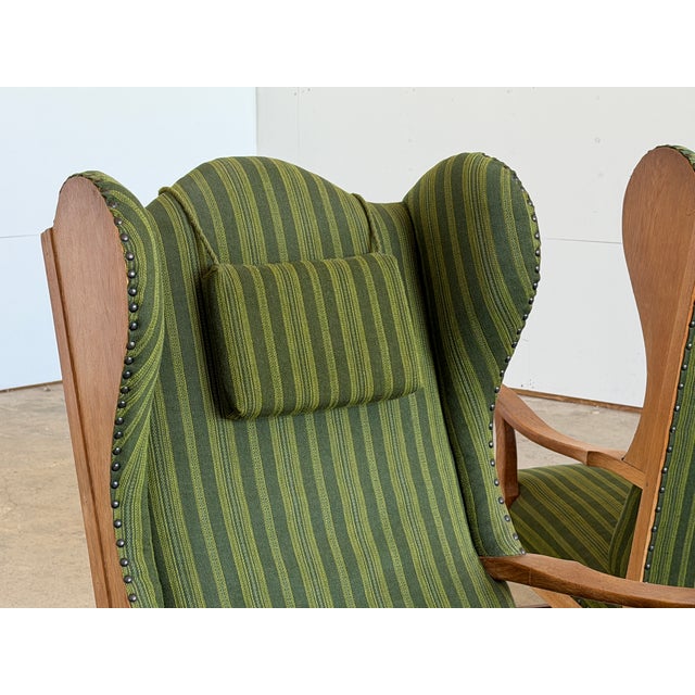 Mid-Century Modern Scandinavian Oak Wingback Lounge Chairs in Striped Wool, 1940s, Set of 2 For Sale - Image 3 of 13