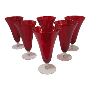 Vintage Morgantown Monroe Red Clear Stem Footed Iced Tea Goblets Glasses- Set of 6