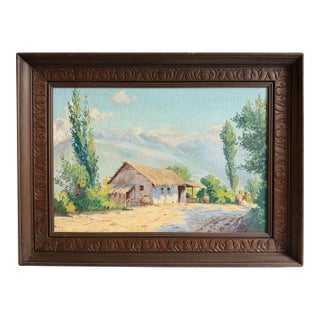 Ramos Catalan 1931 Original Oil Painting Landscape Thatch House by Mountains, Framed For Sale
