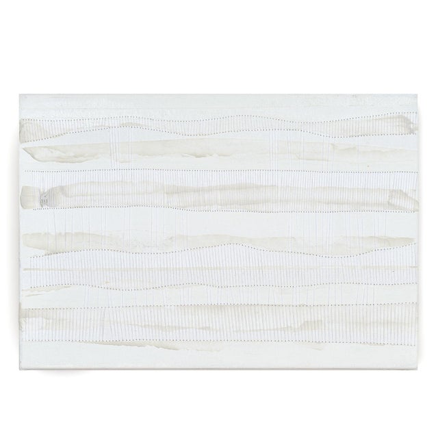 This monochromatic painting layers white acrylic paint with stitched thread, creating a surface that is at once minimal...