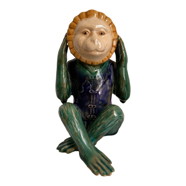 Hear No Evil Monkey Majolica Style Ceramic Sculpture For Sale