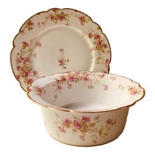 Limoges Floral Soufflé Bowl With Underplate, Gilt Scalloped Rim | Elite Works | C. 1900 For Sale