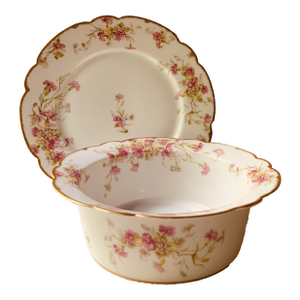 Limoges Floral Soufflé Bowl With Underplate, Gilt Scalloped Rim | Elite Works | C. 1900