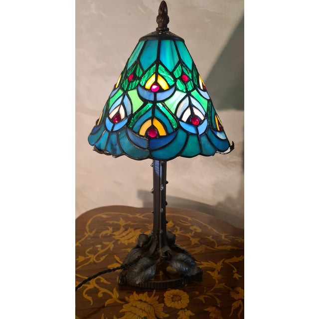 Antique Wrought Iron Floor Lamp with Lead-Soldered Stained Glass Lampshade, 1900-1940 For Sale - Image 11 of 11