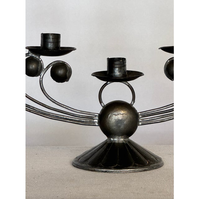Vintage Mexican Tin Metal Candelabra, 15.5 w x 4.25 d x 8 h. Great patina, very charming. stamped "mexico"