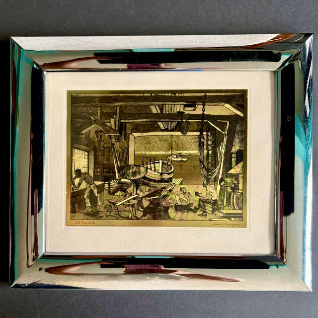 Metal 1960s Framed Lionel Barrymore “The Old Boat Works” Talio-Chrome Print in SIlver Frame, Mid-Century Nautical Art Reproduction For Sale - Image 7 of 11