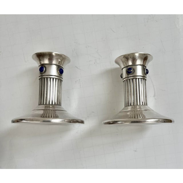 Modern 1980s Cartier Silver Plated & Lapis Lazuli Candle Holders- a Pair For Sale - Image 3 of 9