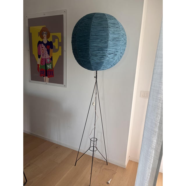 Mid-Century Tripod Floor Lamp with Blue Raffia Shade, 1950s For Sale - Image 3 of 12