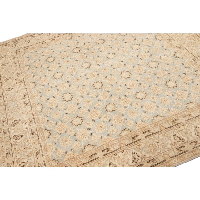 Antique Persian Tabriz Handmade Floral Beige and Blue Square Wool Rug For Sale - Image 9 of 10