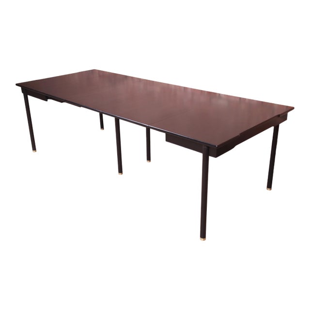 John Widdicomb Mid-Century Modern Hollywood Regency Black Lacquer and Brass Dining Table, Newly Refinished For Sale