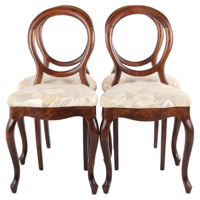 Rococo Style Salon Dining Chairs in Mahogany and Light Floral Fabric, Set of 4 For Sale - Image 15 of 15