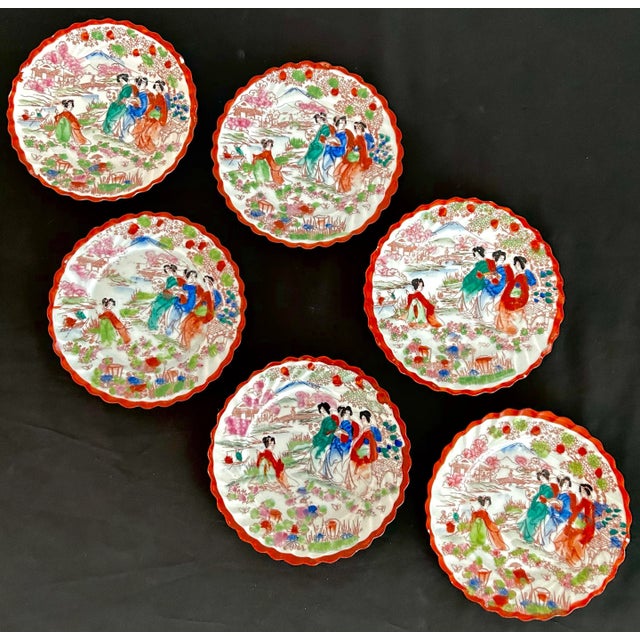 1920’s Antique Japanese Chinoiserie Hand Painted Traditional Geisha Girl & Pagoda Plates & Small Bowls - a 25 Piece Set For Sale - Image 9 of 12