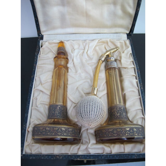 Vintage Moser Amber Bohemian Glass Atomizer Perfume Bottle Set Pair in Case For Sale - Image 12 of 12