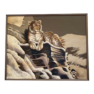 Vintage Mid-Century Large Snow Leopard Painting in Original Frame