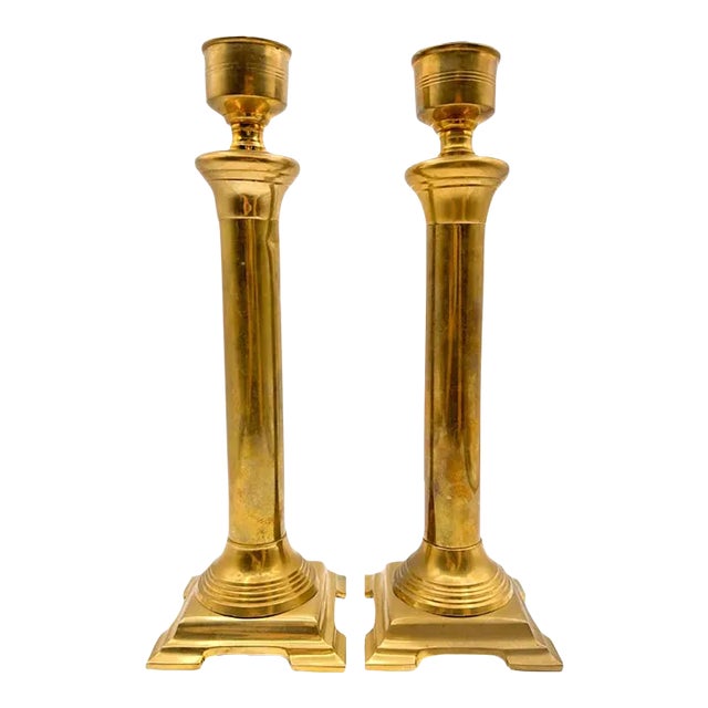 Vintage Pair of Neoclassical Style Taper Candlestick Holders Brass Square Base For Sale