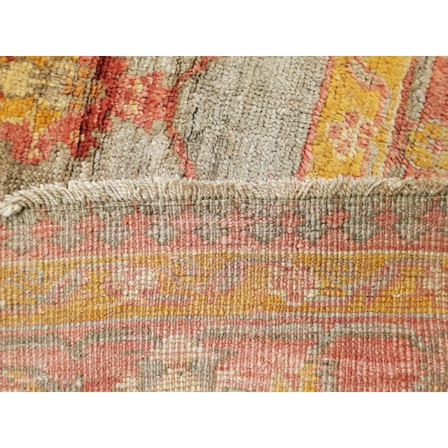 Antique Oushak Handmade Turkish Oriental Saffron, Coral & Light Blue Rug For Sale - Image 4 of 12