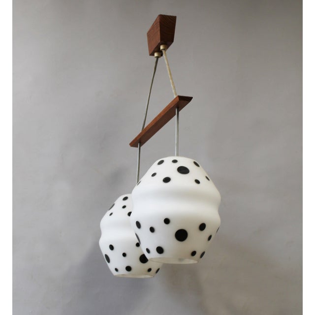 Wood Vintage Czechoslovak Double Pendant Light in Spotted Opaline Glass and Wood, 1960s For Sale - Image 7 of 10