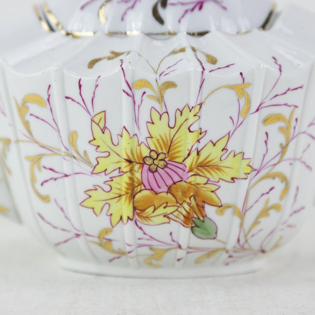 White Vintage Hand-Painted Porcelain Tea Set With Floral & Gold Details For Sale - Image 8 of 9