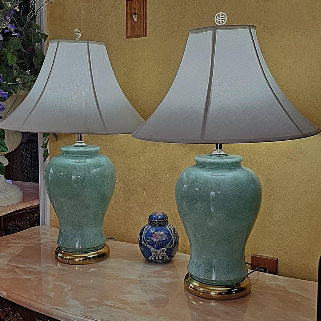Pair of Vintage Celadon Glazed Ceramic Ginger Jar Table Lamps For Sale - Image 17 of 18