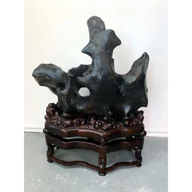 19th Century Large Spectacular Chinese Lingbi Scholar Stone on Stand For Sale - Image 5 of 18