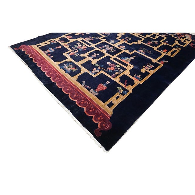 Special Shelf With Details of Chinese Culture in a Black Fiedl Antique Art Deco Rug For Sale - Image 12 of 12