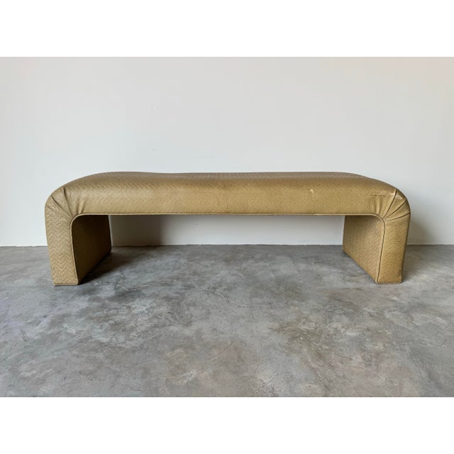 This unique 1980s Postmodern bench showcases a sculptural waterfall design wrapped in a woven leather pattern upholstery,...