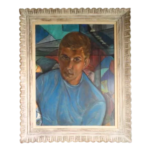 Mid 20th Century "Portrait of a Young Man" Oil Painting on Board by James Hueter, Framed