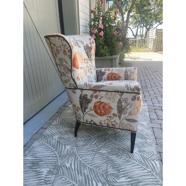 Hickory Manufacturing Company Hickory Chair Floral Coral Taupe Wingback Accent Chair For Sale - Image 4 of 7