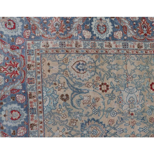Cream Antique Persian Khorassan Rug With Floral Design in Honey Cream & Dusty Blue 9 X 12'5 For Sale - Image 8 of 15