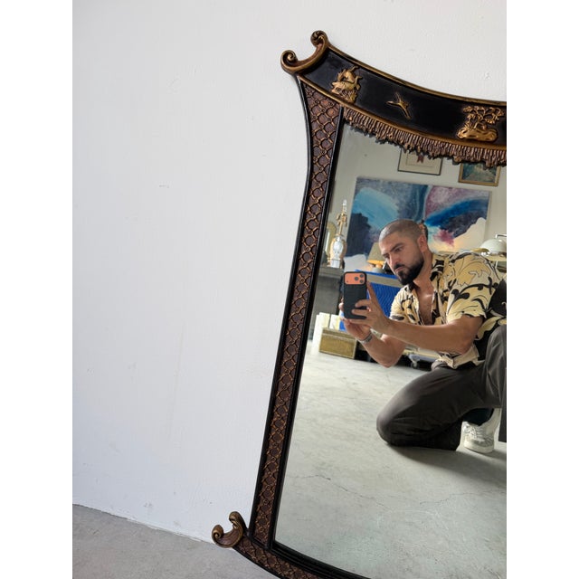 Vintage Palm Beach Chinoiserie Pagoda Overmantel Wall Mirror With Gilt & Black Lacquer Frame Description For Sale In Miami - Image 6 of 13