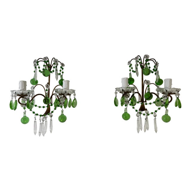Italian Green Murano Glass Drops, Prisms & Swags Sconces C 1930 For Sale