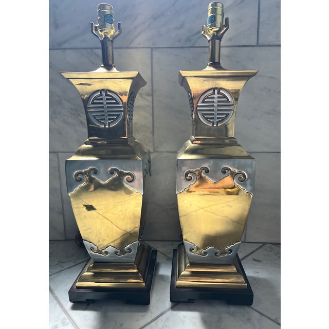 Late 20th Century Chinoiserie Brass Table Lamps - a Pair For Sale - Image 10 of 18