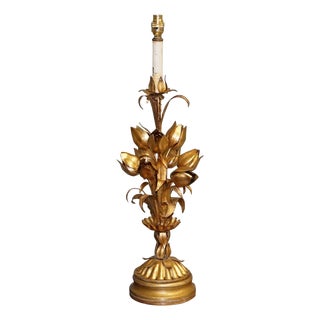 Italian Hollywood Regency Gilt Tulip and Lotus Table Lamp, 1950s For Sale