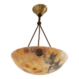Early 20th Century French Butterscotch and Grey Veined Original Alabaster Coupe Plafonnier With Gold Cord For Sale