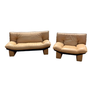 Vintage Nicoletti Salotti Italian Leather Lounge Club Chair and Sofa - a Pair For Sale