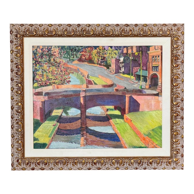 Mid 20th Century American Oil Painting of Bridge and Canal Scene For Sale