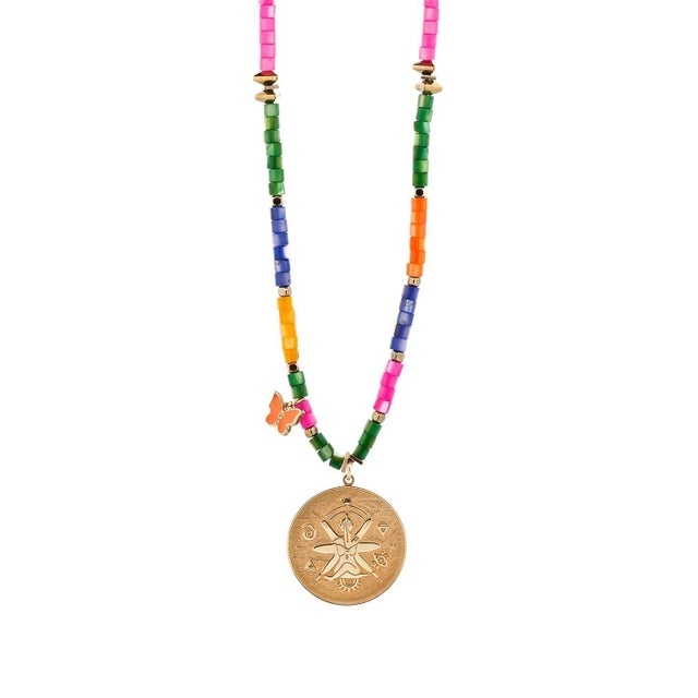 Early 21st Century Spiritual Symbol Gold Pendant Colorful Beaded Necklace For Sale - Image 5 of 8