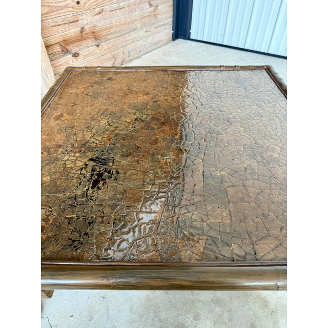 Mid-Century Modern Mid-Century Organic Modern Rattan Fretwork Coffee Table With Mosaic Wood Inlay Top Manner of John Wisner For Sale - Image 3 of 12