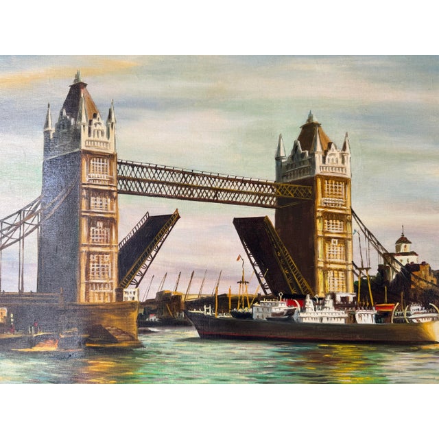 1970's Vintage London Tower Bridge Oil on Canvas Painting, Signed For Sale - Image 9 of 12