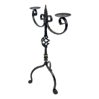 Hand Forged Iron Candelabra 24.5″ (62cm) Antique Gold Patina Finish 2-Arm Royal Scrolled Mantel Decor For Sale