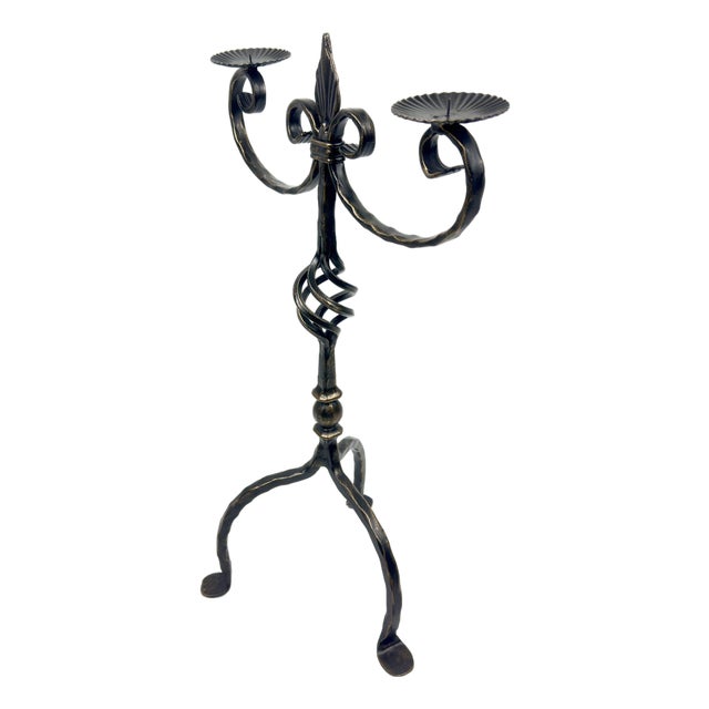 Hand Forged Iron Candelabra 24.5″ (62cm) Antique Gold Patina Finish 2-Arm Royal Scrolled Mantel Decor For Sale