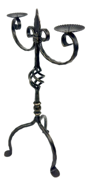 Hand Forged Iron Candelabra 24.5″ (62cm) Antique Gold Patina Finish 2-Arm Royal Scrolled Mantel Decor