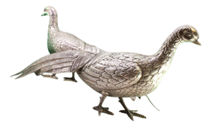 Walking Pheasants in Silver with Reliefs and Applications, Set of 2
