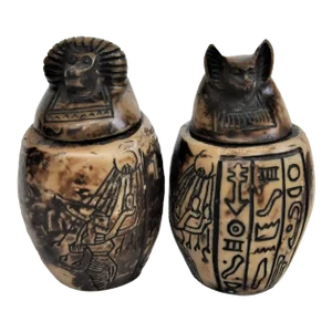 1920’s Egyptian Alabaster Canopic Jars With Lids of Hapy and Duamutef- Set of 2