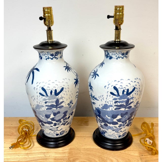 Pair Chinese Canton Style Blue and White Palm Tree Porcelain Vases, Now as Lamps For Sale - Image 4 of 10