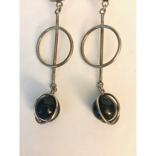 1970s Art Deco Style Onyx and Sterling Dangle Post Earrings - 2 Pieces For Sale - Image 6 of 8